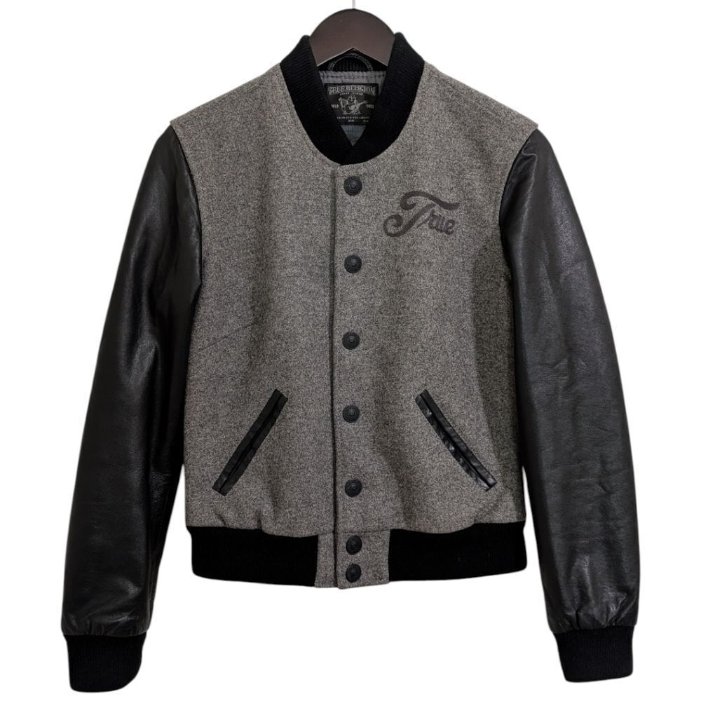 True Religion Women’s Richie Varsity Jacket Wool & Real Sheep Leather Gray Small